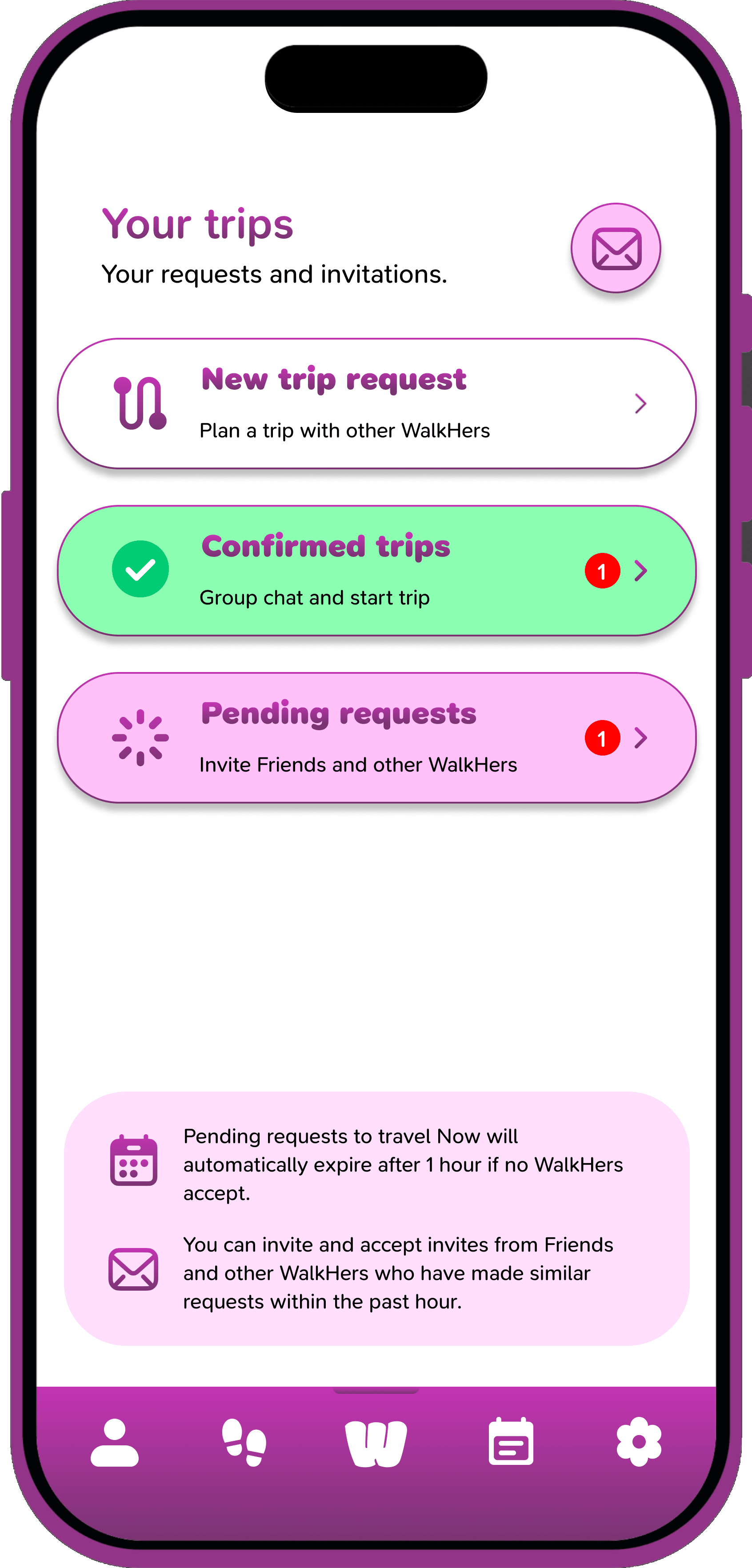 WalkHer trips screen